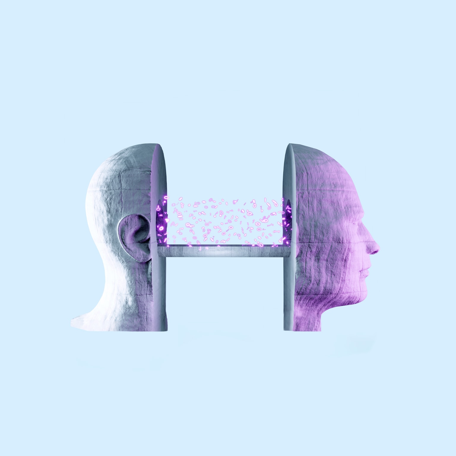 A profile of a 3d head made of concrete that is sliced in half creating two separate parts. Pink neon binary numbers travel from one half of the a head to the other by a stone bridge that connects the two parts.